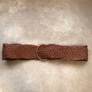 Vintage Tarnish Cognac Brown Genuine Leather Belt Woven Wide Brass Buckle Medium